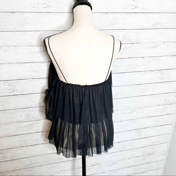 Black Off the Shoulder Lace Up Tulle Layered Blouse Size Small - Picture 3 of 8